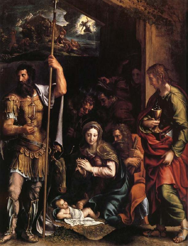 Giulio Romano La nativite de l'enfant jesus avec l'adoration des bergers entre Saint Jean l'Evangeliste et Saint Longin